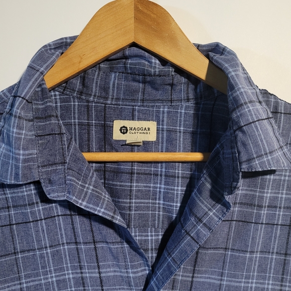 Haggar Men's Navy Checkered Button Up Collard Size Large - Picture 4 of 5